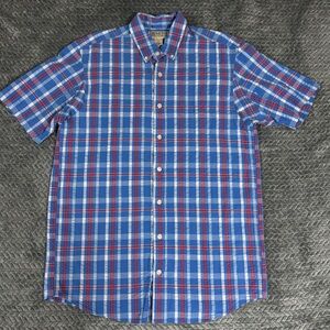 DULUTH TRADING Men Short Sleeve Red White & Blue Plaid  Seersucker Shirt M Tall